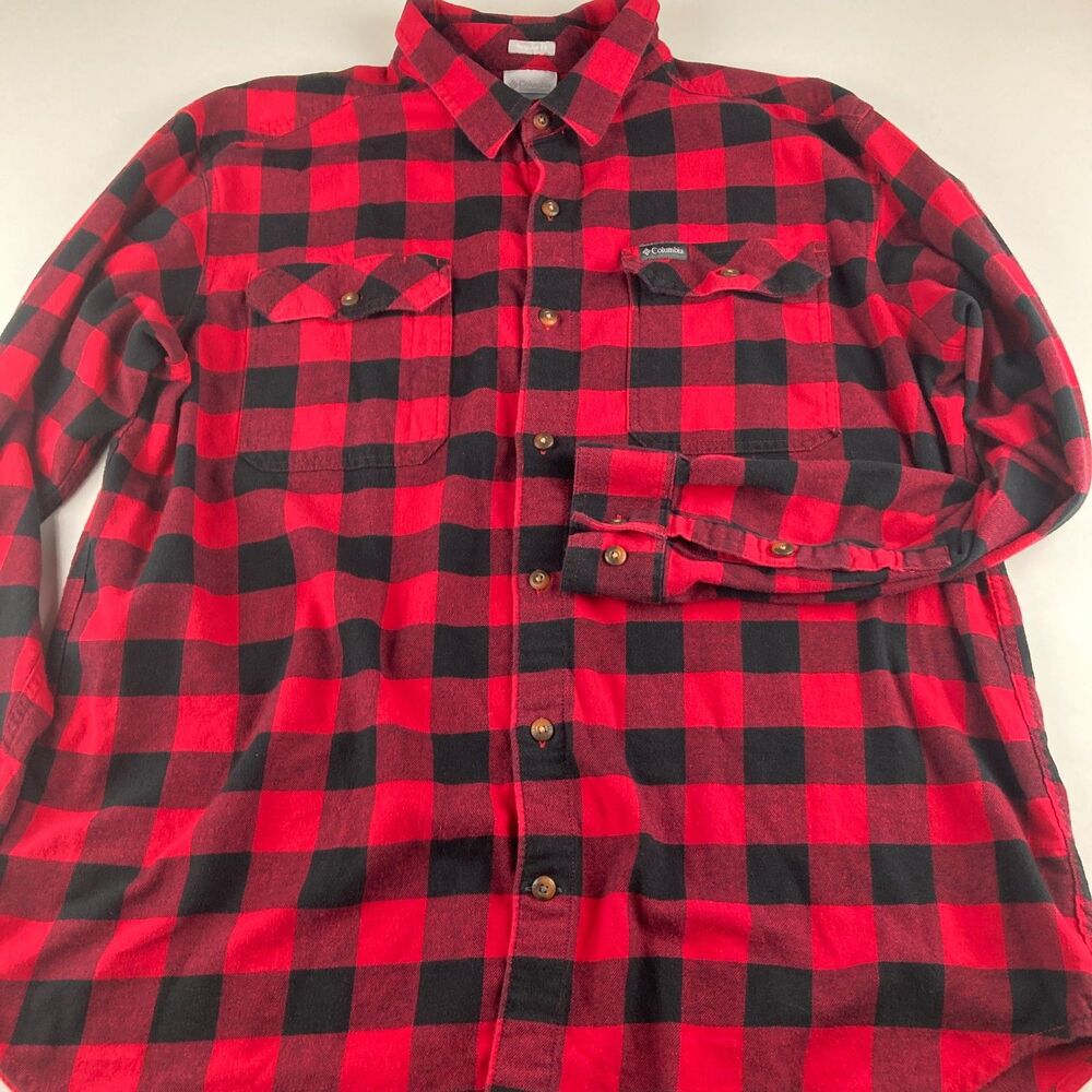 Columbia Regear Flannel Shirt Mens XL Red Buffalo Plaid Omni Wick Cotton